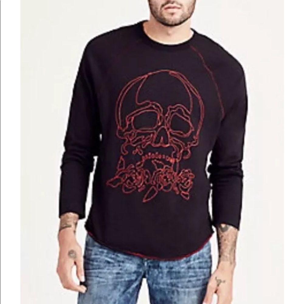 True Religion Black Raglan skull red stitched tee